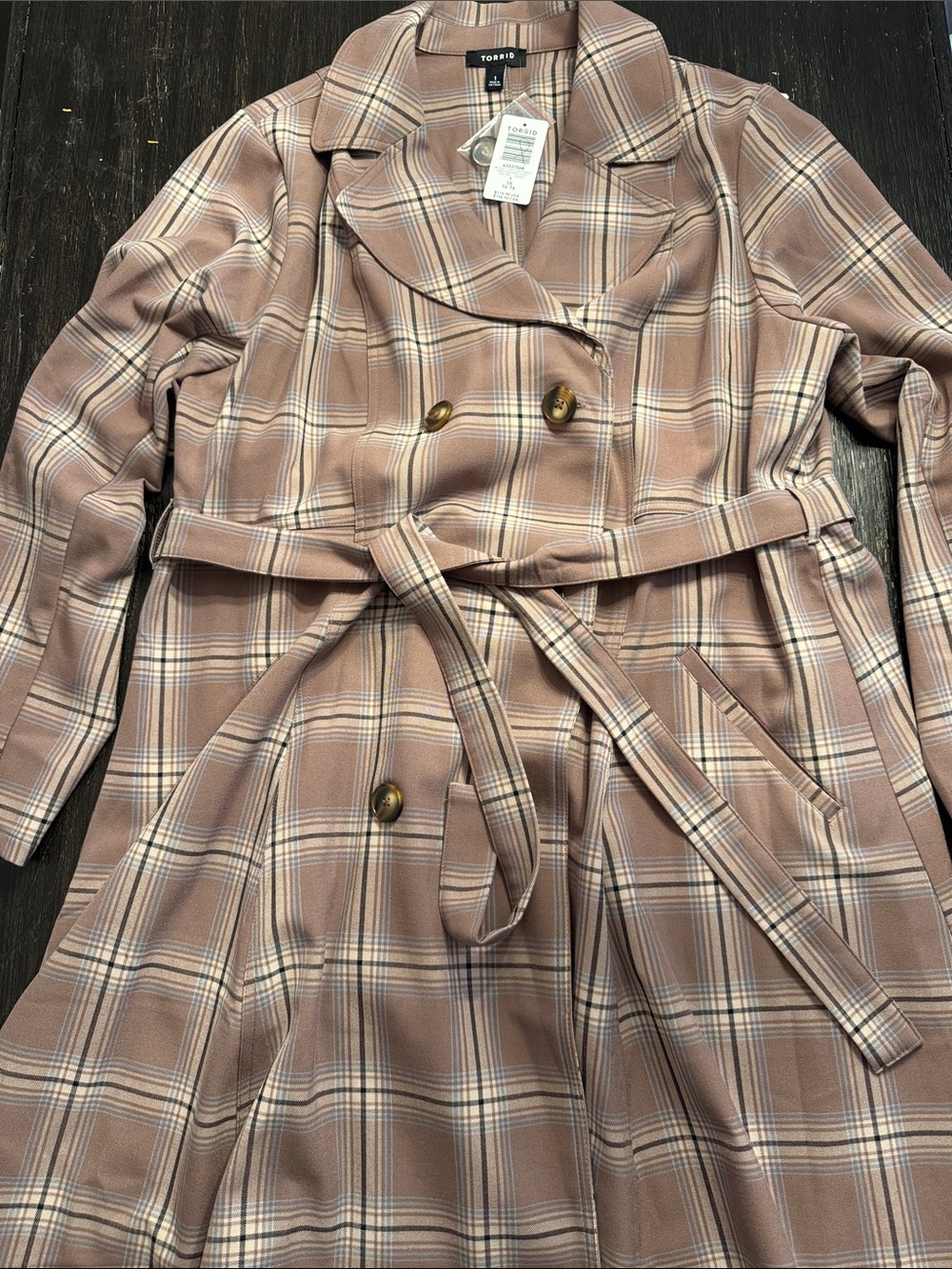 torrid Mauve Plaid Belted Trench Coat with Cream Accents